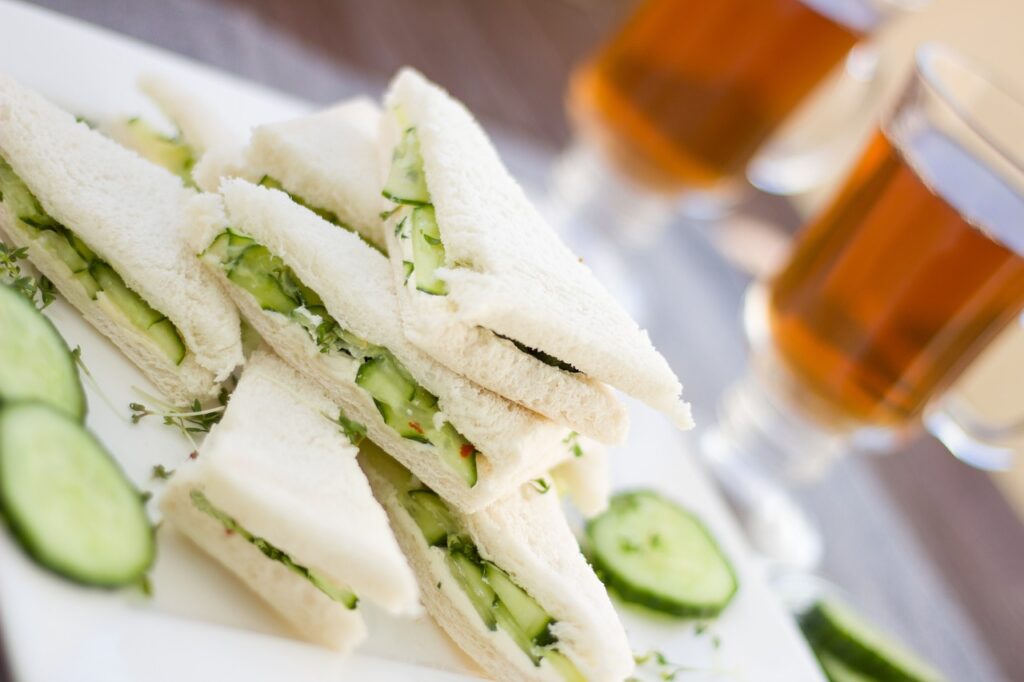 Cucumber sandwiches served with tea, a classic afternoon tea set